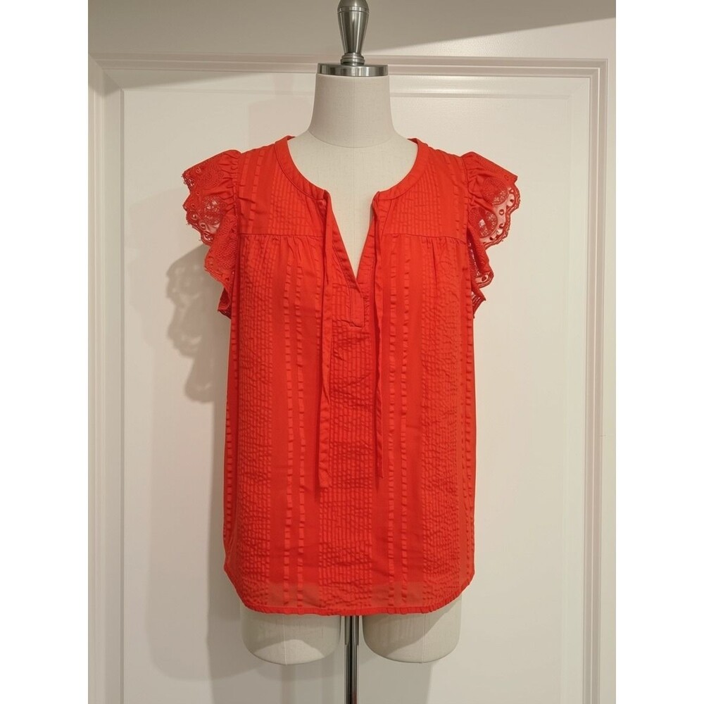 LOFT Petites Flutter Sleeve Eyelet Tie Neck Blouse Orange Coral Size MP